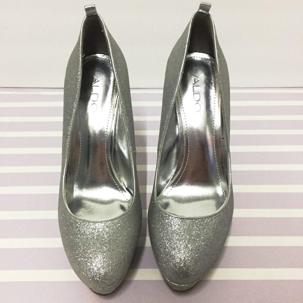 9 | 39 ALDO Silver Glitter Sparkly Platform Heels - Picture 2 of 6